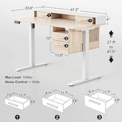 Standing Desk with 4 Drawers, 47.2 x 23.6 Inch Whole Piece Height Adjustable Electric Sit Stand Desk, Computer Home Office Workstation with Open Storage Shelf, Light Walnut