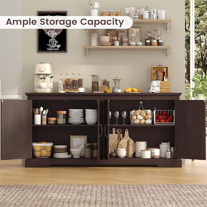 70" Sideboard Buffet Cabinet with Storage, Coffee Bar Cabinet with and 4 Doors, Long Wider Storage Cabinet Modern Farmhouse, Brown Wood, for Kitchen, Dining Room, Living Room