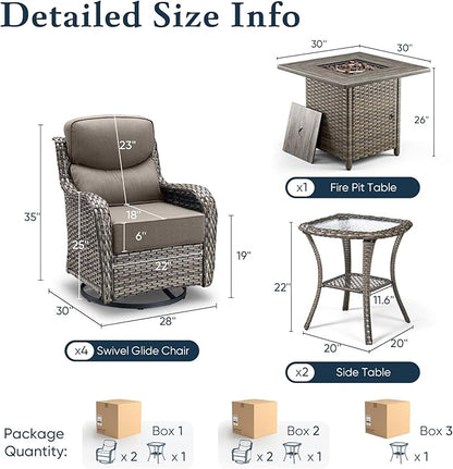 Belord Luxury 6" Thick Cushioned Outdoor Swivel Rocker Chairs Set of 4 with Fire Pit Table, High Back Wicker Patio Furniture Set with Ergonomic Zone Back, Conversation Set for Deck Porch - Grey+Grey