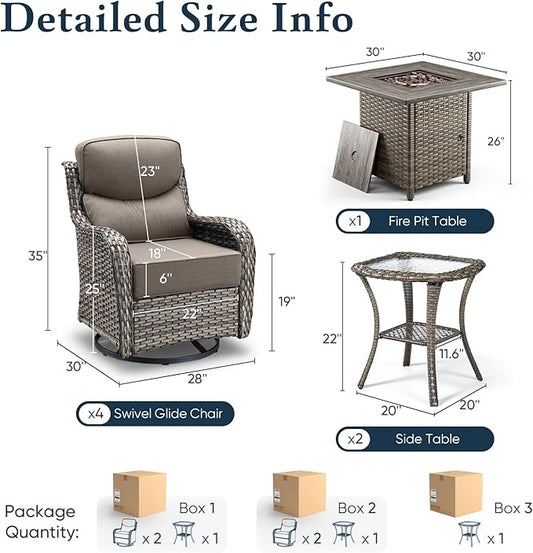 Belord Luxury 6" Thick Cushioned Outdoor Swivel Rocker Chairs Set of 4 with Fire Pit Table, High Back Wicker Patio Furniture Set with Ergonomic Zone Back, Conversation Set for Deck Porch - Grey+Grey