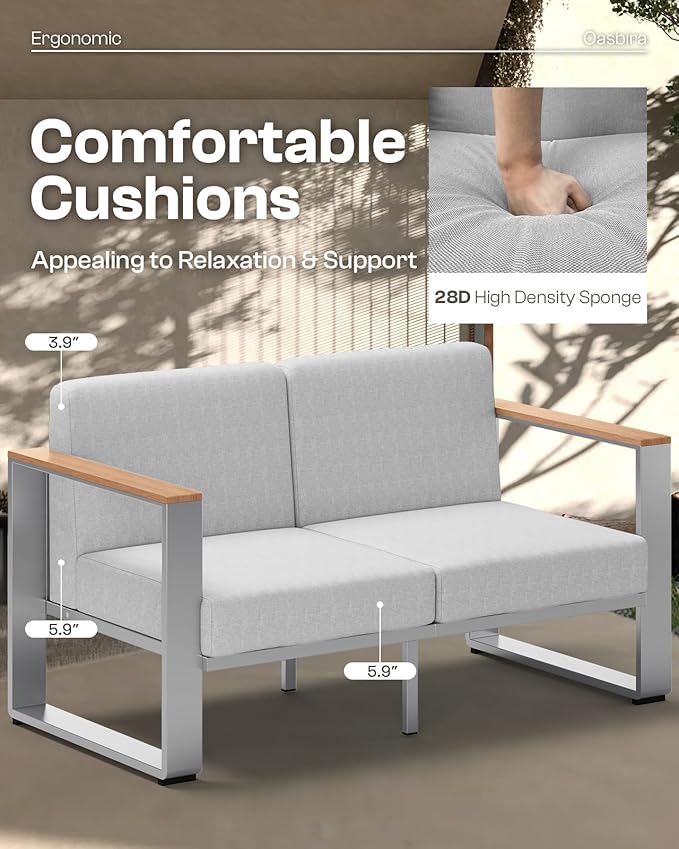 Aluminum Patio Furniture Set, 5 Seats Outdoor Patio Conversation Sets with Ergonomic Seat and Wide Washable Thick Cushions, Modern Outdoor Sectional Furniture for Balcony, Porch (Teak-Gray)