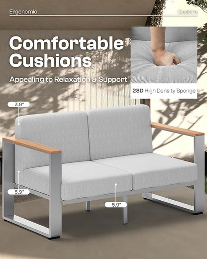 Aluminum Patio Furniture Set, 5 Seats Outdoor Patio Conversation Sets with Ergonomic Seat and Wide Washable Thick Cushions, Modern Outdoor Sectional Furniture for Balcony, Porch (Teak-Gray)