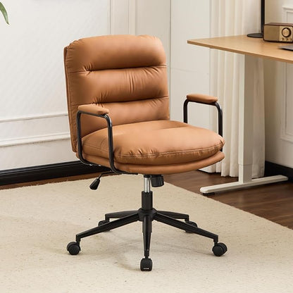 Furniliving Leather Home Desk Chair, Comfortable Executive Office Chair with Wheels, Ergonomic Computer Task Chair Adjustable Height, Brown