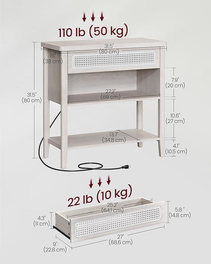 VASAGLE Console Table with Power Outlets, Entryway Table with Storage Shelf, Sofa Table with Drawer, Open Compartment, Rounded Corners, for Living Room, Boho Style, Oatmeal Beige ULNT140K66