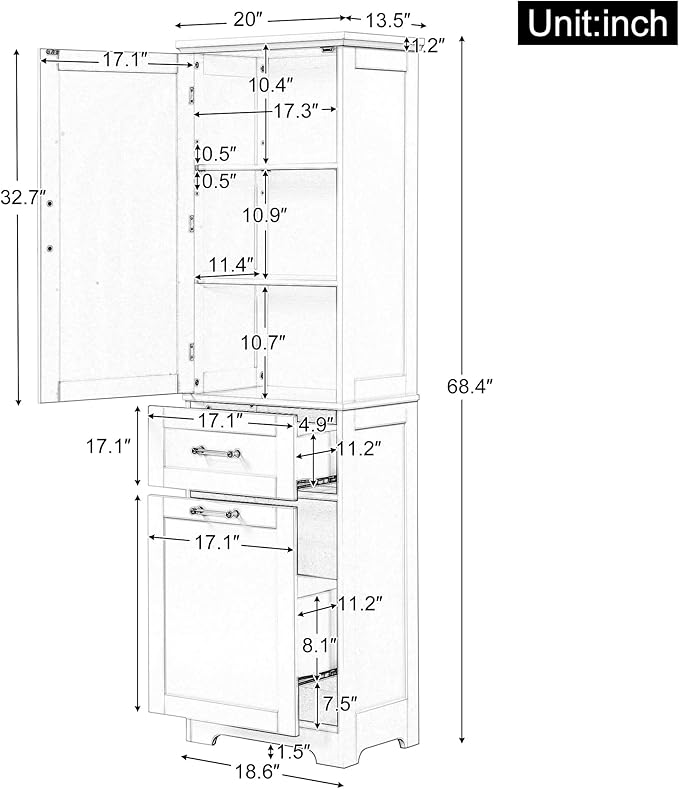 Tall Bathroom Storage Cabinet, Freestanding Storage Cabinet with 1 Door, 2 Different Size Drawers for Bathroom Living Room (Grey)