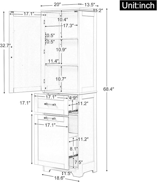 Tall Bathroom Storage Cabinet, Freestanding Storage Cabinet with 1 Door, 2 Different Size Drawers for Bathroom Living Room (Grey)