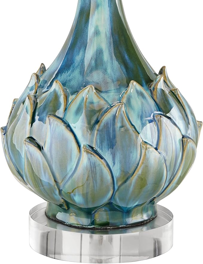 Possini Euro Design Kenya Modern Tropical Table Lamp with Riser 31" Tall Blue Green Ceramic Beige Linen Drum Shade for Living Room Bedroom House Bedside Home Office Entryway (Color May Vary)