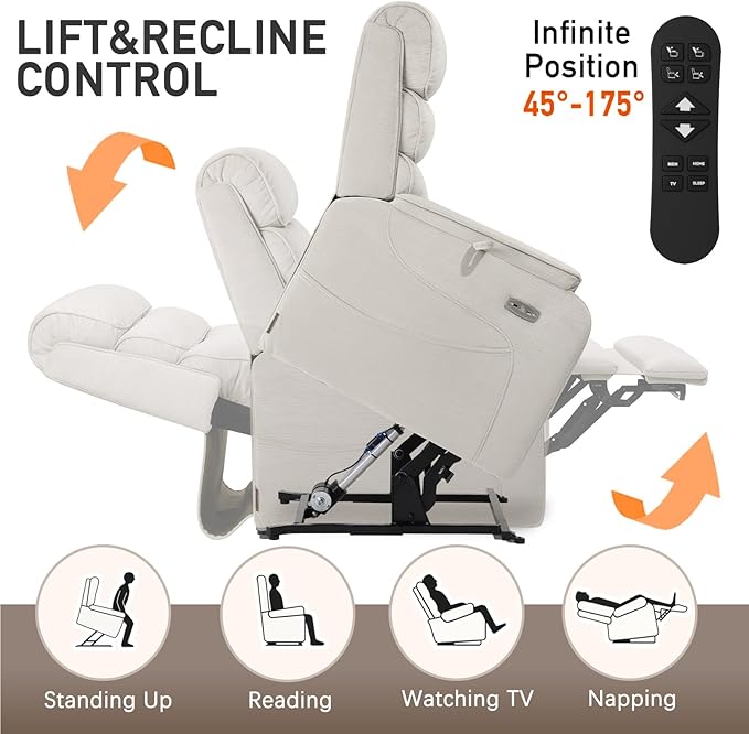 EONIX Wide Lay Flat Power Lift Recliner Chair for Elderly, Heavy Duty Oversized Fabric Lift Chairs Recliner Sofa with Heat and Massage and Charging Ports, Chenille White