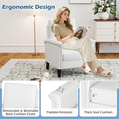 GOFLAME Modern Accent Chair, Comfy Upholstered Armchair with Rubber Wood Legs and Thick Padded Cushion, High Back Single Sofa Chair, Reading Side Chair for Living Room, Bedroom, White