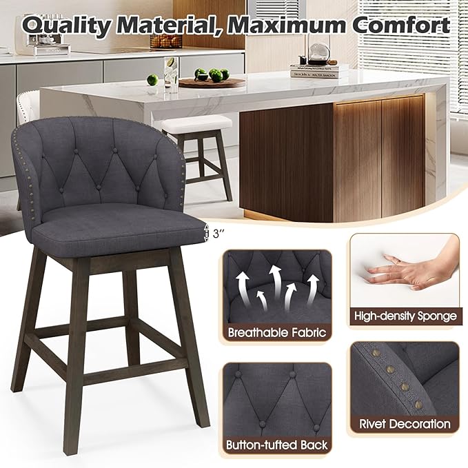 COSTWAY Counter Height Bar Stools Set of 2, Fabric Upholstered Island Stools with 360° Swivel Seat & Button-Tufted Back, Modern Pub Stools with Solid Rubber Wood Frame (Grey,2)