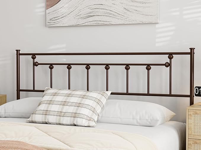Metal Queen Size Headboard Only, Adjustable Height, Victorian Farmhouse Style Steel Queen Bed Headboad, Easy Assembly, Attach Frame, Brown
