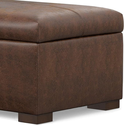 SIMPLIHOME Gabbie 48 inch Wide Contemporary Rectangle Rectangular Storage Ottoman in Distressed Chestnut Brown Vegan Faux Leather, Assembled, For the Living Room, Entryway and Family Room