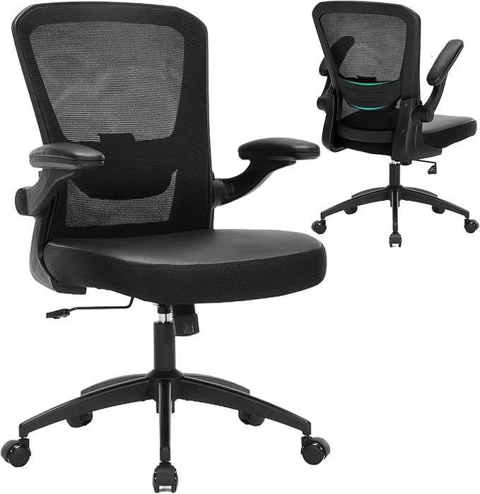 Ergonomic Office Chair 400lbs PU Leather Mesh Desk Chair with Lumbar Support, Flip-Up Arms, Swivel Wheels, Adjustable Height, Rolling Executive Computer Task Chair for Home Office,Black