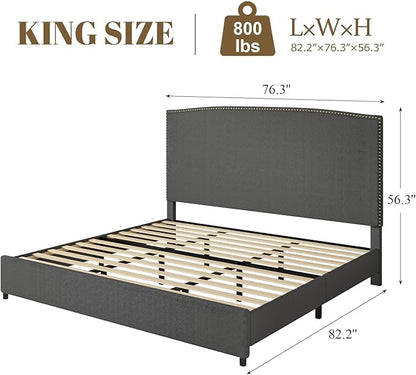 King Size Bed Frame and Headboard, 56" Upholstered Platform Bed with Nailhead Trim, Soft Boucle Fabric, No Box Spring Needed, Easy Assembly, Grey