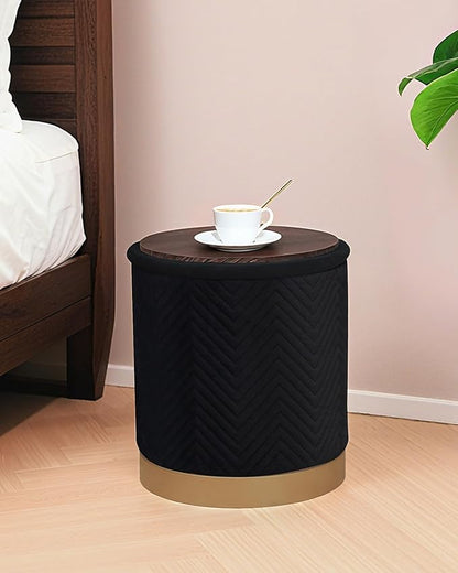 B FSOBEIIALEO Ottoman with Stroage, Round Velvet Storage Ottoman with Gold Plating Base,Foot Rest Stool for Dorm Room, Living Room Black, 14.76"x14.76"x16.35"