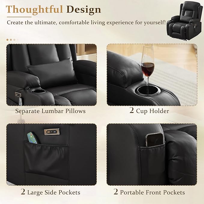 URRED Power Recliner Chair with Massage and Heat for Adults, Electric Reclining Sofa Home Theater Seating with Ambient Light, USB Ports, Cup Holders, Side Pockets, Pillow, Faux Leather (Black)