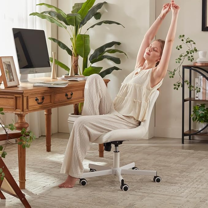 Armless Desk Chair, Morden Home Office Chair no Arms, Adjustable Height & Rocking Computer Chair, PU Leather Vanity Chair, Ergonomic Seat Soft Padded Desk Chairs for Home Small Space, White