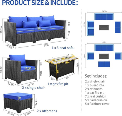 Rattaner Outdoor Patio Furniture 60000 BTU Outdoor Propane Fire Pit Table Patio Furniture Set 45" Outdoor Fire Pits 6 Pieces Patio Sofa Outdoor Chairs Anti-Slip Cushions Waterproof Covers, Royal Blue