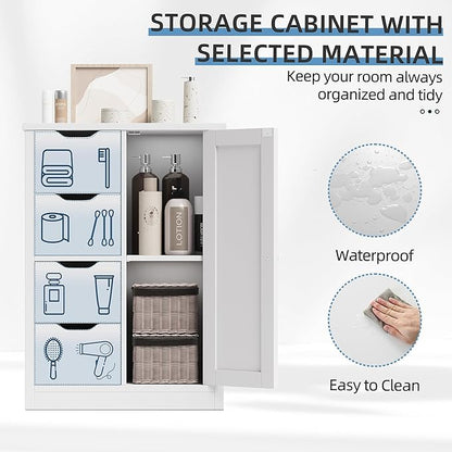Shintenchi Bathroom Floor Storage Cabinet, Wooden Storage Organizer with 4 Drawers and 1 Cupboard, Freestanding Bathroom Furniture, Home Storage Unit with Adjustable Shelf, White