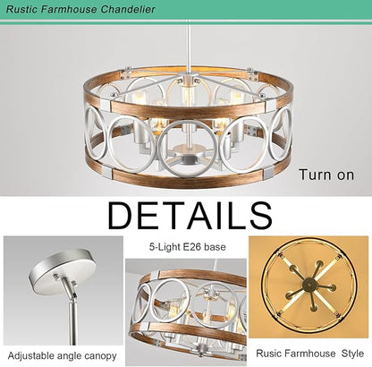 Flush Mount Ceiling Light Fixture Ceiling Mount,5 Light 19.7" Silver Drum Chandelier Rustic Farmhouse Chandelier Modern Pendant Light Fixtures for Kitchen Lighting Fixture