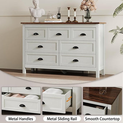 Farmhouse White Dresser for Bedroom, Wide Wood Dressers & Chests of Drawers with Vintage Black Handle, 7 Drawer Dresser for Bedroom Hallway, Entryway, Antique White
