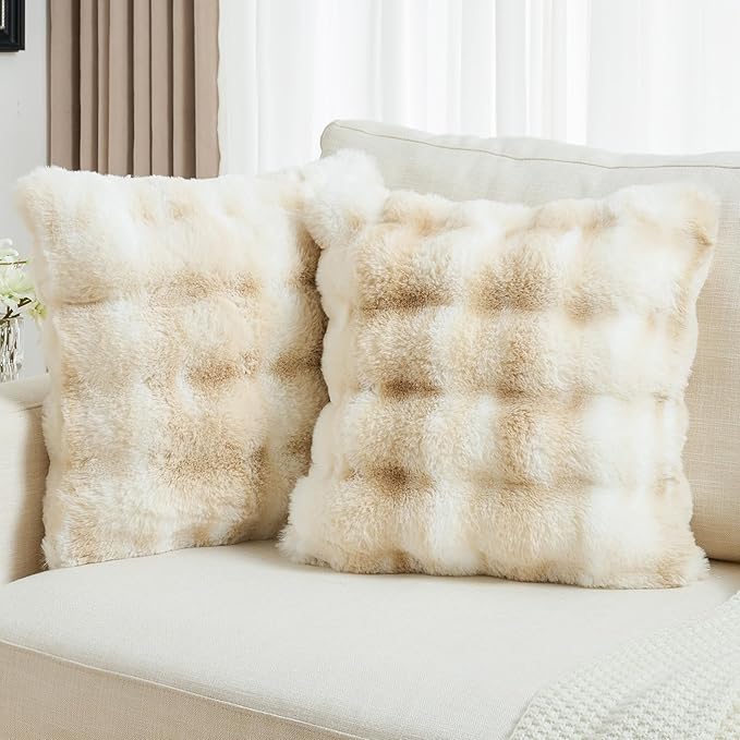 FUTEI Beige White Decorative Throw Pillow Covers 16x16 Inch Set of 2,Soft Fuzzy Faux Rabbit Fur Cushion Covers with Raised Texture,Neutral Boho Home Decor for Couch Bed Living Room
