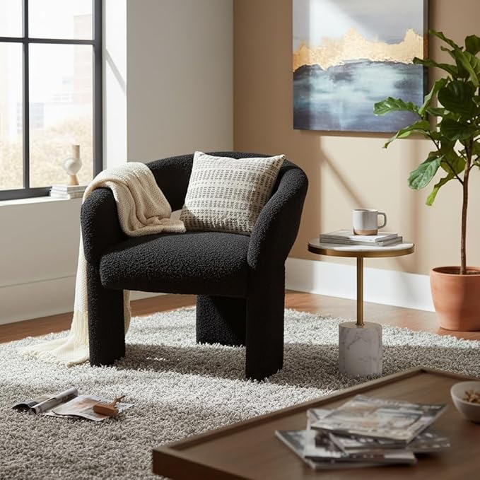 LukeAlon Mid Century Modern Sherpa Accent Chairs Set of 2 – Round Barrel Back Armchairs, Comfy Upholstered Lounge Chairs for Living Room, Bedroom, Office, Waiting Rooms, Black