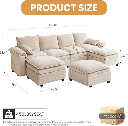 130" U Shaped Modular Sectional Sofa, Couch with Ottoman Storage, Chenille Cloud Couch with Plush Deep Seating for Living Room, Bedroom (7 Seat, Beige)