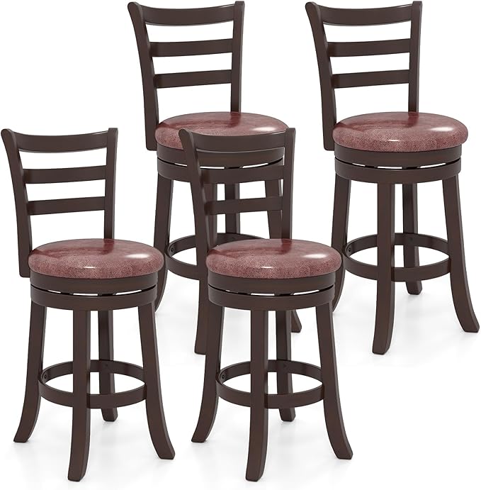 COSTWAY 26" Counter Height Stools Set of 4, Swivel High-Top Chairs with Backrest & Faux Leather Padded Seat, Rubber Wood Counter Barstools with Footrest for Kitchen, Dining Room, Pub (4,26'')