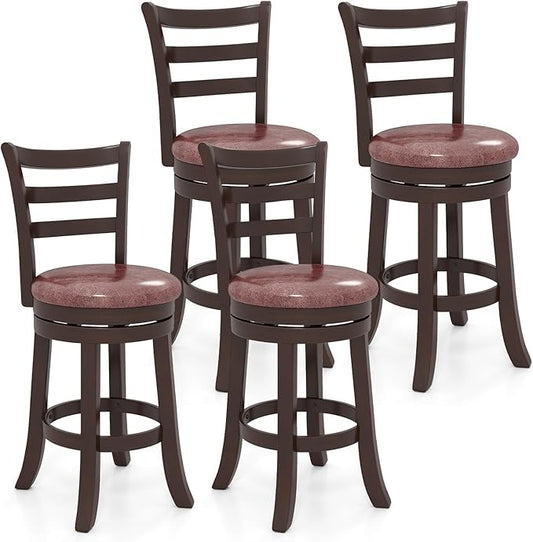 COSTWAY 26" Counter Height Stools Set of 4, Swivel High-Top Chairs with Backrest & Faux Leather Padded Seat, Rubber Wood Counter Barstools with Footrest for Kitchen, Dining Room, Pub (4,26'')