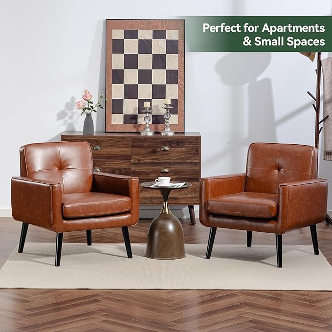 Mid Century Accent Chair, PU Leather Modern Chair with Wooden Frame, Cozy Armchair Reading Chair with Comfy Back for Apartment, Living Room, Bedroom, Waiting Room, Small Space, Corner, Brown