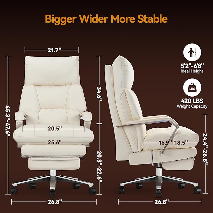 Reclining Office Chair with Footrest - 25.6" Wide Seat & Adjustable Seat Depth, Big and Tall High Back Leather Executive Home Office Desk Chair 400lbs, Cream