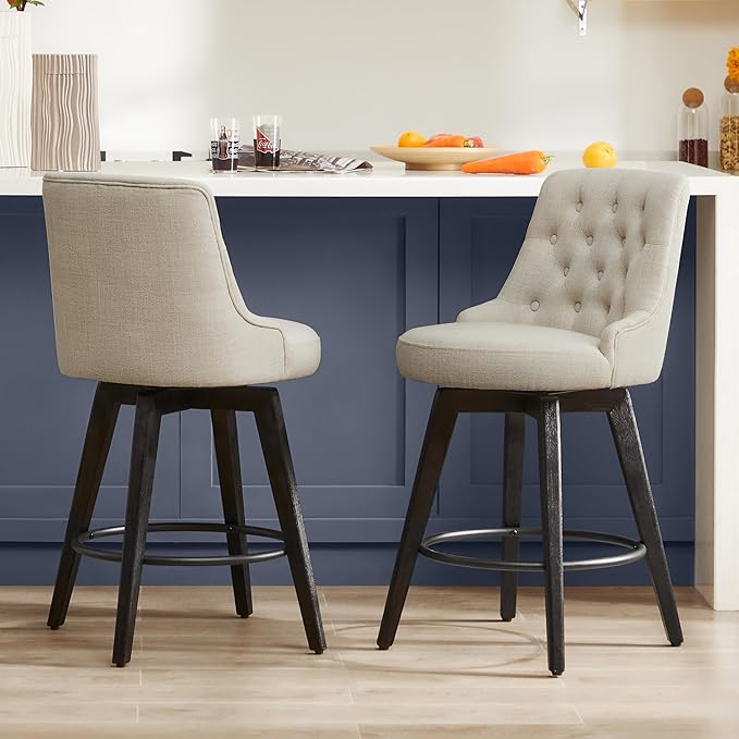 Watson & Whitely Modern Swivel Bar Stools, Performance Fabric Upholstered Counter Height Bar Stools with Back, Solid Wood Legs, 26" H Seat, Set of 2, Linen