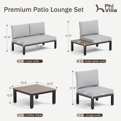 PHI VILLA 6 Pieces Outdoor Patio Furniture Set,Metal Frame Modern Outdoor Sectional Sofa Set,6 Seats Patio Conversation Sets with Coffee Table&Thickened Cushion,for Poolside and Backyard,Light Grey