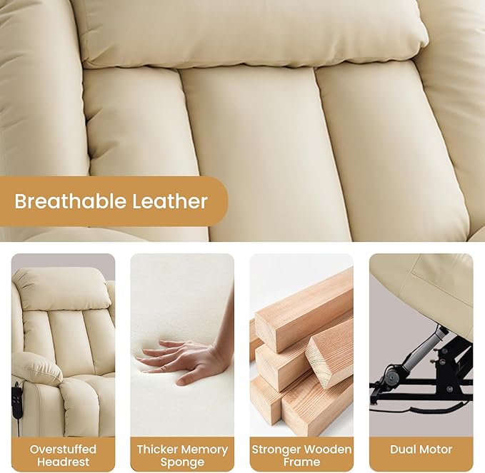 TEKAMON Power Lift Recliner Chair for Elderly with Heat & Massage, Dual Motor Breathable Leather Recliner, Lay Flat Sleeping Chairs with Infinite Position, RemoteControl(Beige, Extended)