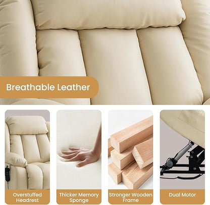 TEKAMON Power Lift Recliner Chair for Elderly with Heat & Massage, Dual Motor Breathable Leather Recliner, Lay Flat Sleeping Chairs with Infinite Position, RemoteControl(Beige, Extended)