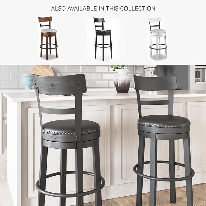 Signature Design by Ashley Valebeck Tall Upholstered Swivel Bar Stool with 360-Degree Swivel and Nailhead Trim, Faux Leather, 30" Seat Height, Black Finish