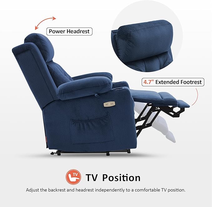 MCombo Medium Triple Motor Power Lift Recliner Chair with Massage and Heat for Elderly People, Adjustable Headrest, Infinite Position, USB Ports, Fabric 7661 (Navy Blue, Medium)