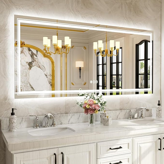 WTTY LED Bathroom Mirror 77''x36'' with Front and Backlight, Large Dimmable LED Vanity Wall Mirrors, Double LED Mirror for Bathroom with Anti-Fog, 3 Colors, Memory Function, Shatter-Proof, ETL Listed