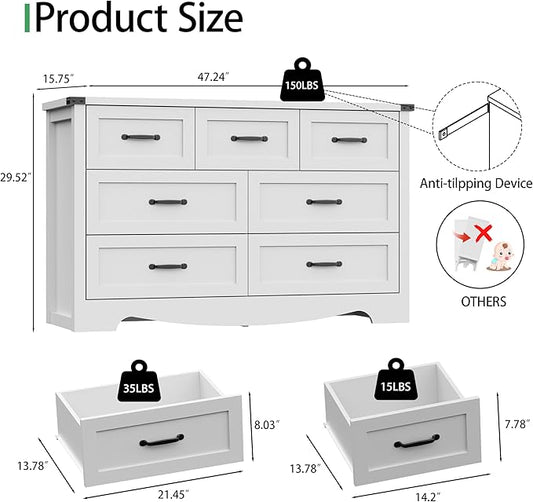 Dresser for Bedroom with 7 Drawers, 48" Wide Modern Chest of Drawers with Deep Drawers & Mental Handle, Wood Dresser TV Stand, Wooden Closet Storage Organizer for Living Room, Hallway, Entryway, White
