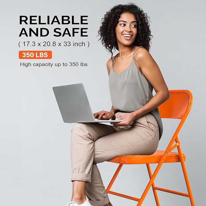 VINGLI Folding Chairs All Steel Metal Frame, Capacity 350 lbs, Durable Portable and Versatile for Indoor Outdoor Use, Orange, Set of 4