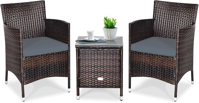 COSTWAY 3 PCS Patio Furniture Set, Outdoor Wicker Conversation Set with Tempered Glass Coffee Table, Seat Cushions, Rattan Wicker Chairs for Poolside Balcony Porch Backyard, Gray