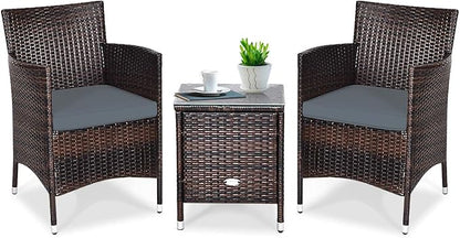 COSTWAY 3 PCS Patio Furniture Set, Outdoor Wicker Conversation Set with Tempered Glass Coffee Table, Seat Cushions, Rattan Wicker Chairs for Poolside Balcony Porch Backyard, Gray