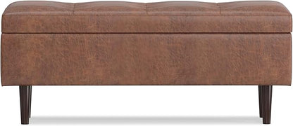 SIMPLIHOME Shay 48 inch Wide Mid Century Modern Rectangular Storage Ottoman in Distressed Saddle Brown Vegan Faux Leather, Assembled, For the Living Room, Entryway and Family Room