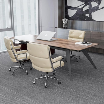Genuine Leather Office Chair, Mid Back Executive Desk Chairs with Aluminum Arms and Wheels, Swivel Office Leather Chair with Thickened Backrest and Ergonomic Lumbar Support, White