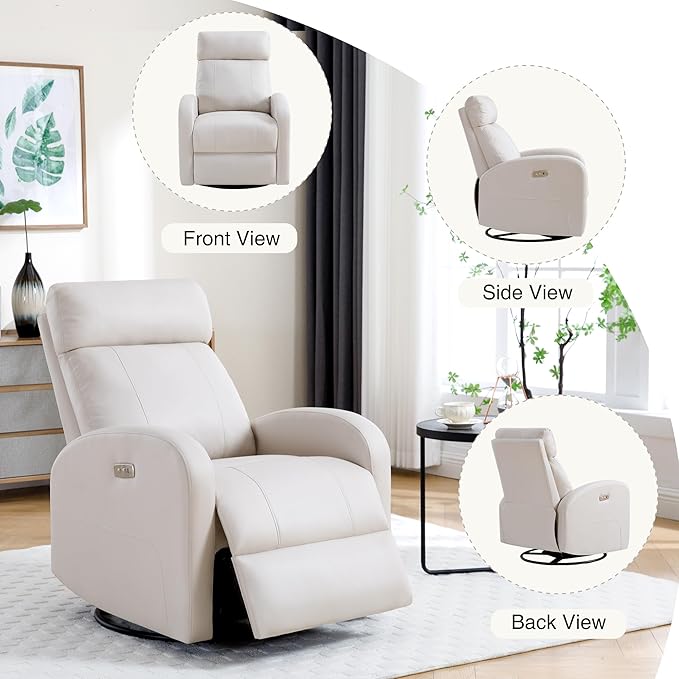 Power Swivel Rocker Recliner, Faux Leather Rocking Recliner Chair with USB Port, Swivel Glider Reclining Chair Nursery Recliners for Living Room, Beige