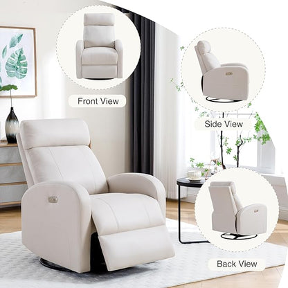 Power Swivel Rocker Recliner, Faux Leather Rocking Recliner Chair with USB Port, Swivel Glider Reclining Chair Nursery Recliners for Living Room, Beige