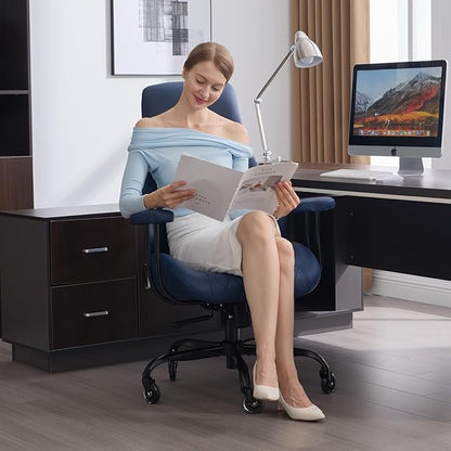 Home Office Desk Chair, Ergonomic High Back Leather Computer Chair with Lumbar Support, Adjustable Height & Recline, Swivel Executive Office Chair with Armrests and Rubber Casters, Blue