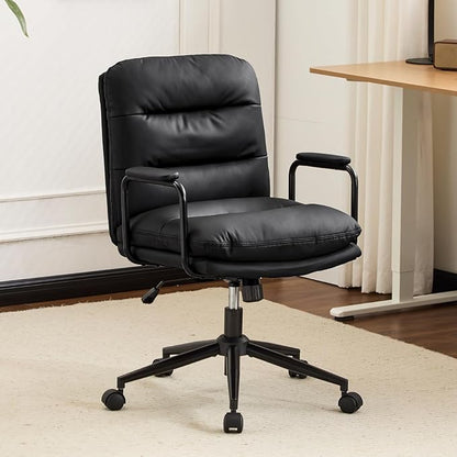 Furniliving Leather Home Desk Chair, Comfortable Executive Office Chair with Wheels, Ergonomic Computer Task Chair Adjustable Height, Black