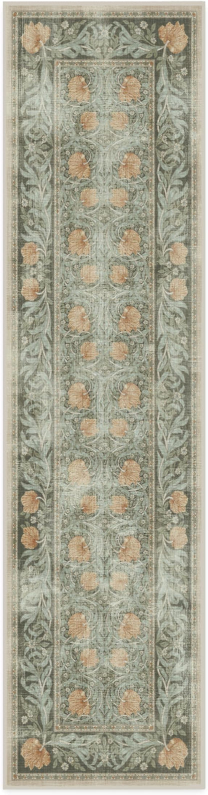 RUGGABLE x Morris & Co Machine Washable Runner Rug – Pimpernel Vintage Green 2.5x10, Stain-Resistant, Non-Slip – Washable Rug for Hallway, Entryway, Living Room & Kitchen–with Cushioned Pad